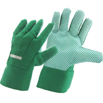 Green Drill Cotton Fabric PVC Dotted Garden Industrial Safety Work Gloves (41004)